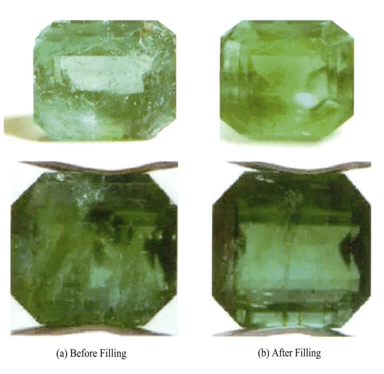 Figure 4-4 Features of emerald filled with colorless oil under magnification