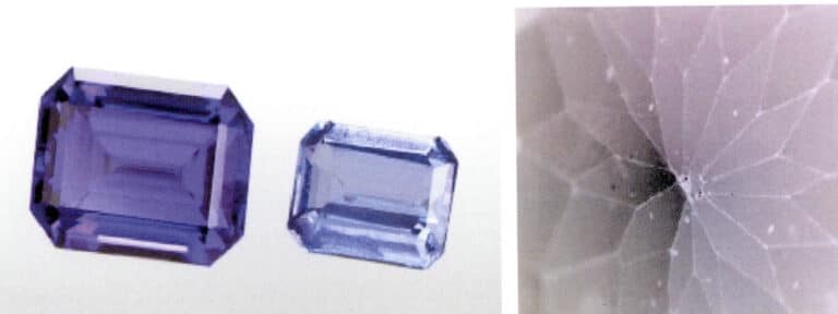 Figure 5-46 Common shedding phenomenon of coated tanzanite and pavilion parts after filming (according to GIA, 2014)