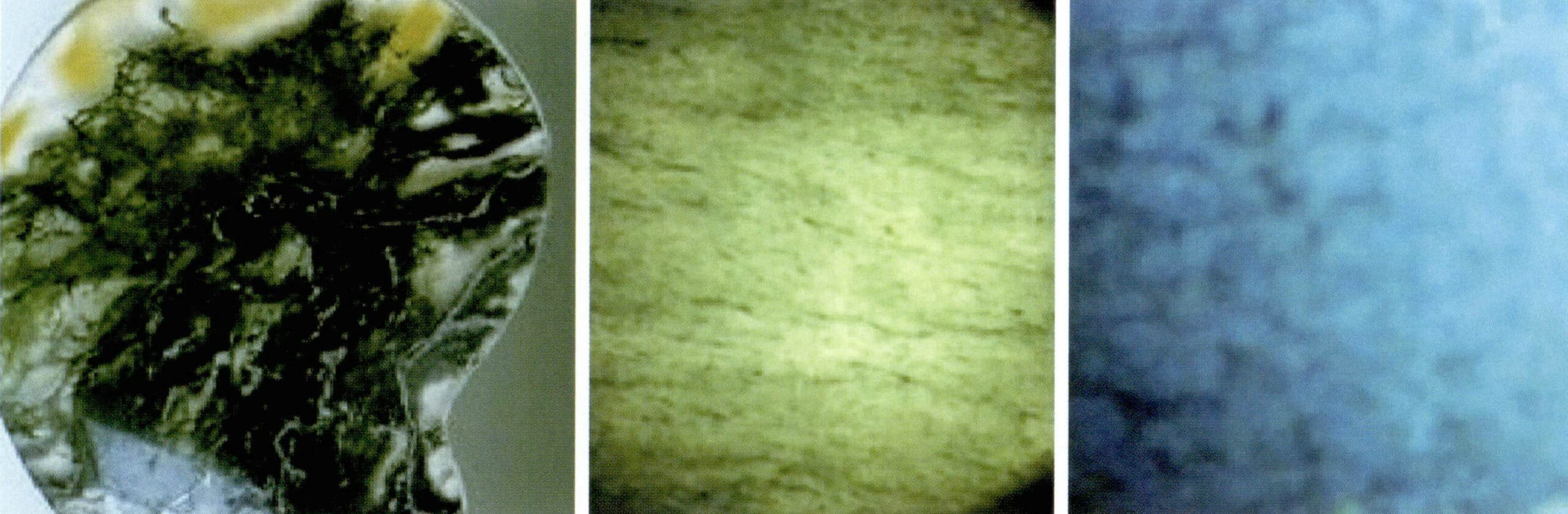 Figure 6-17 Brown-green inclusions in agate, green chromium mica flakes in aventurine, and white vein-like inclusions in chalcedony