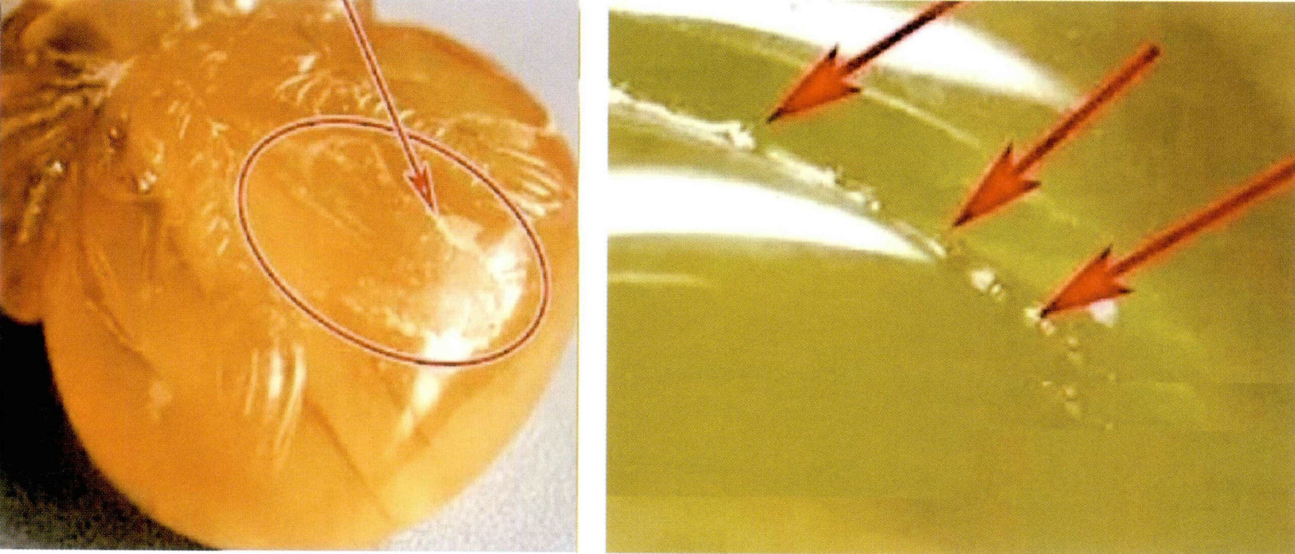 Figures 7-9 show partial film peeling and bubbles in coated amber