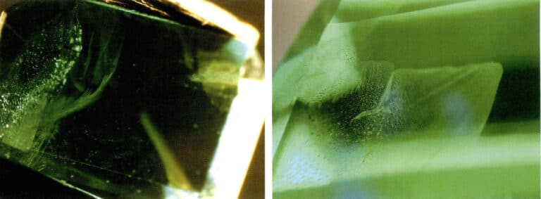 الشكل 2 - 14 الشوائب الشبيهة بالحجاب في الزمرد الصناعي باستخدام طريقة التدفق