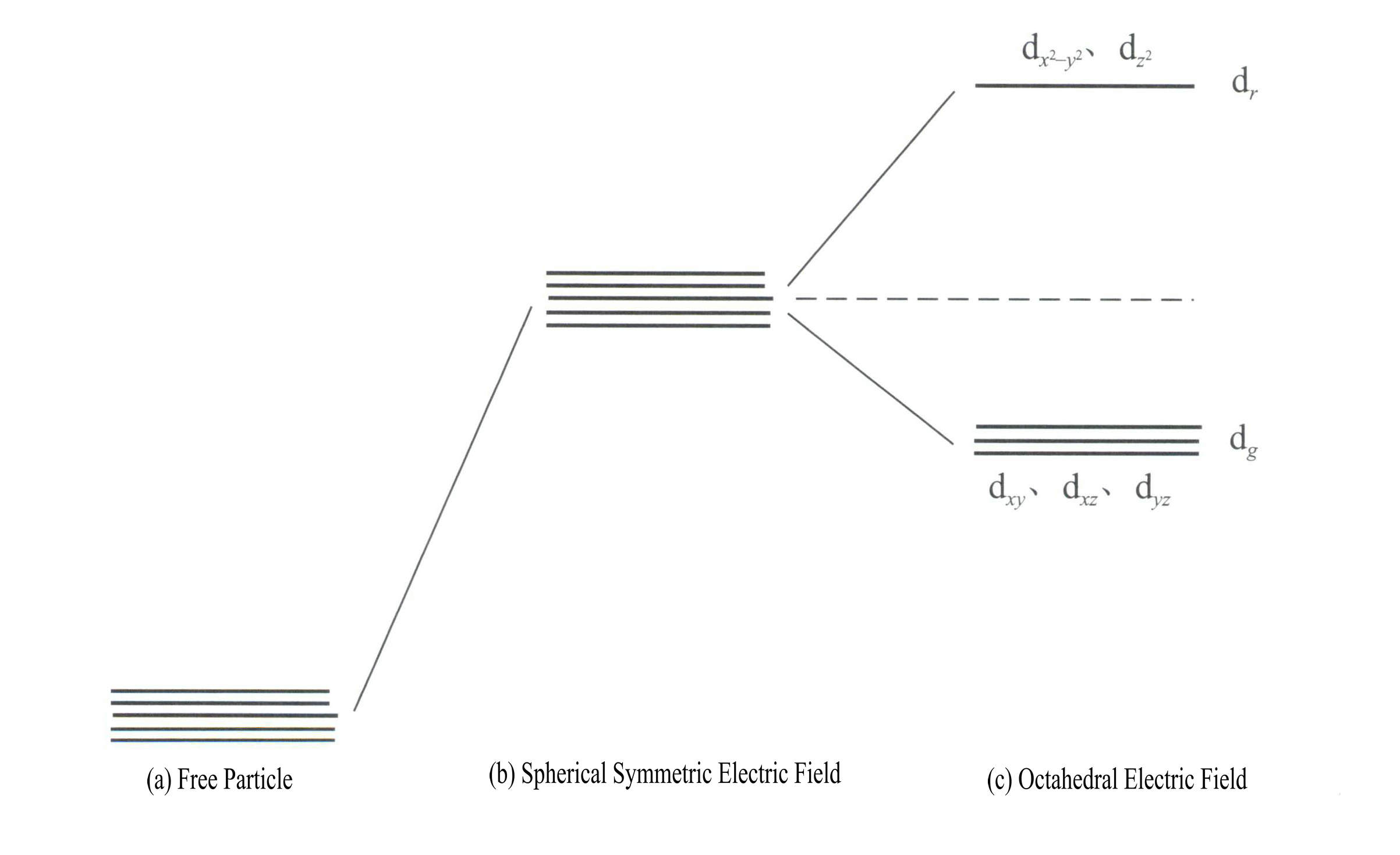 Figura 3-19 Divizarea orbitalilor d într-un câmp octaedral regulat (Wu Ruihua, 1994)