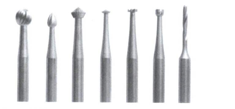 Figure 1-40 Burs (ball-shaped bur, peach-shaped bur, diamond-shaped bur, flying saucer-shaped bur, round carbide bur, cup bur, flat-end bur)