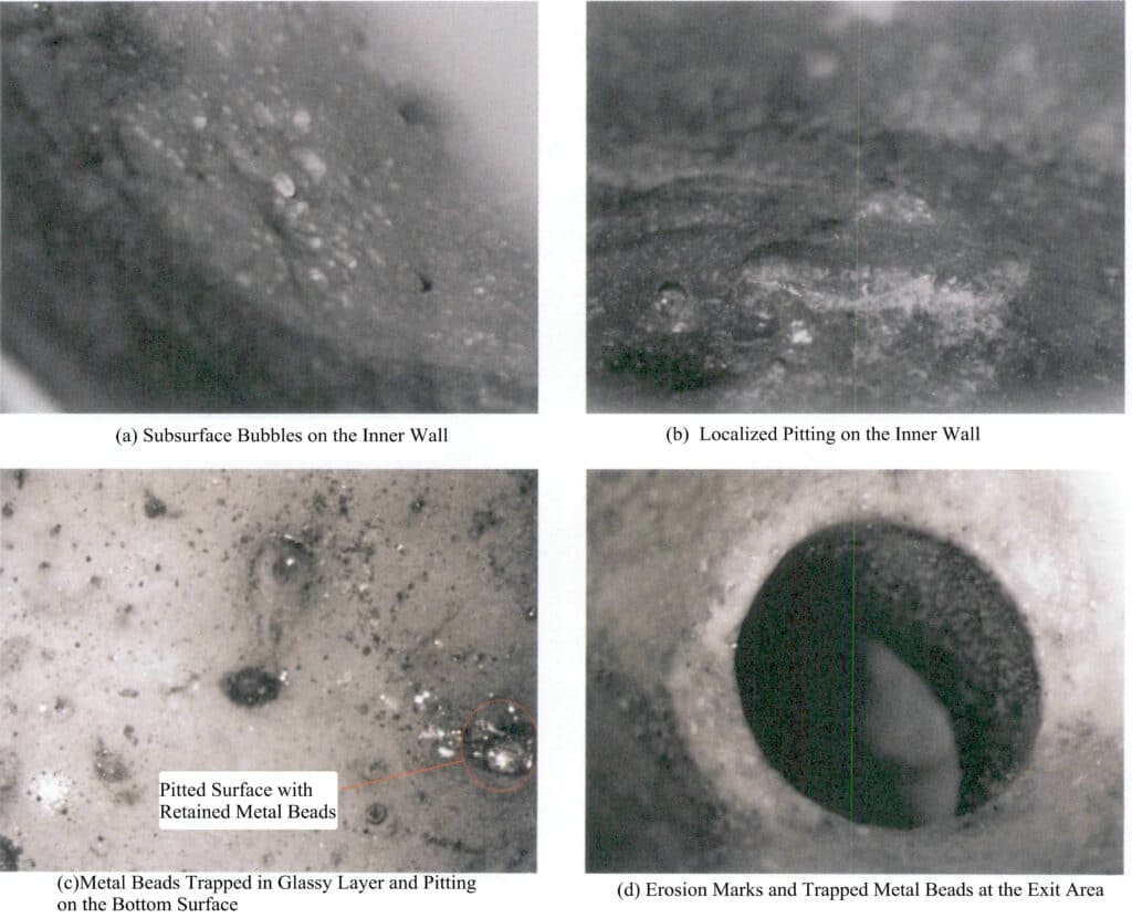 그림 7-22 Pt950 백금을 4회 녹인 후의 석영 도가니 내부 및 배출구 상태(7배 확대)