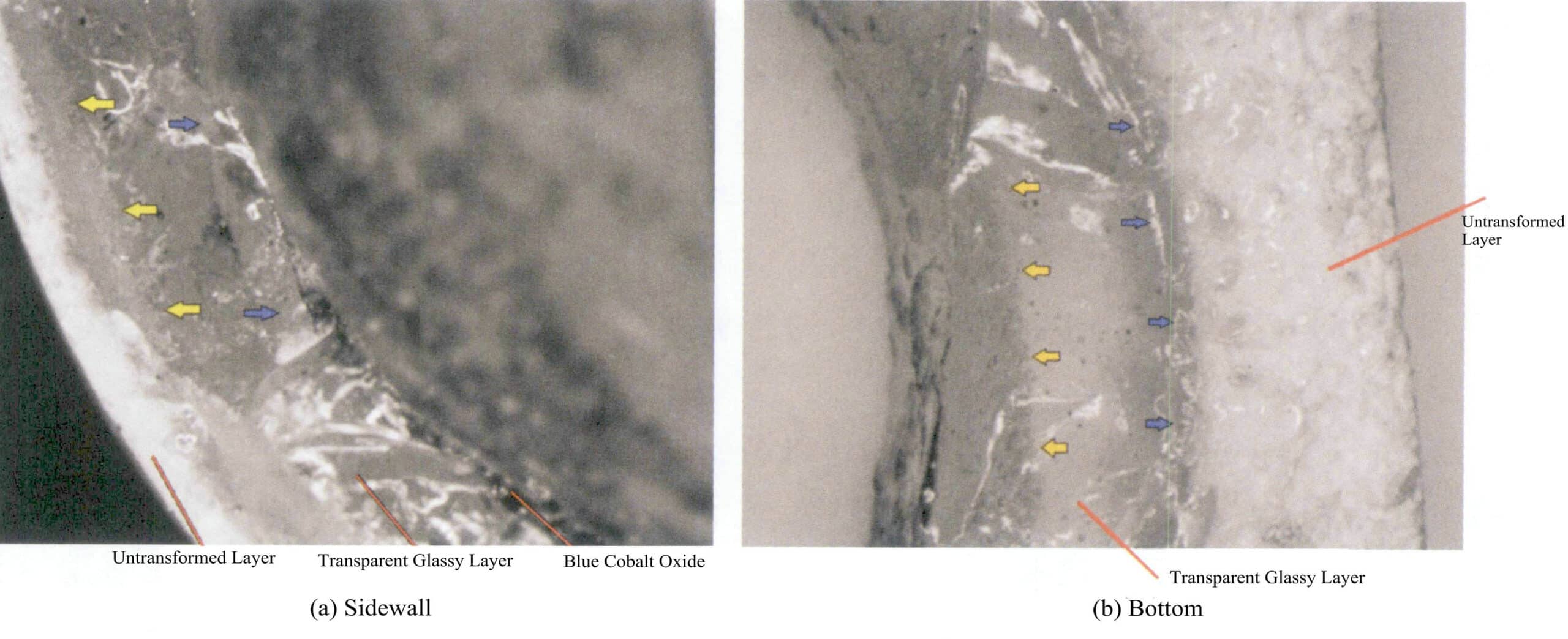 그림 7-23 석영 도가니 내벽의 투명 유리 층과 기포 영역(7배 확대)