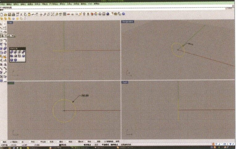 1. افتح Rhino، وحدد "أداة الدائرة"، وارسم منحنى دائري بقطر 6 مم على المستوى الأمامي