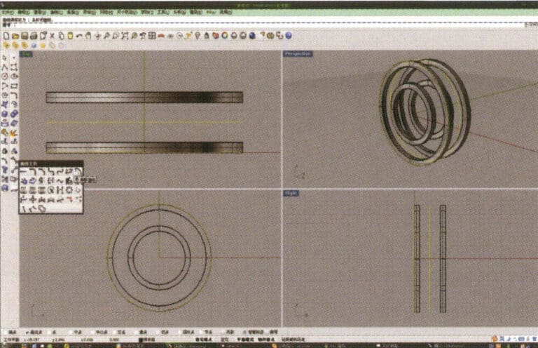 5. اختر المنحنى الدائري ذو القطر الأكبر واستخدم "أداة الإزاحة" لإزاحته إلى منتصف المجسمات الصلبة الحلقيّة العلوية والسفلية كمسار