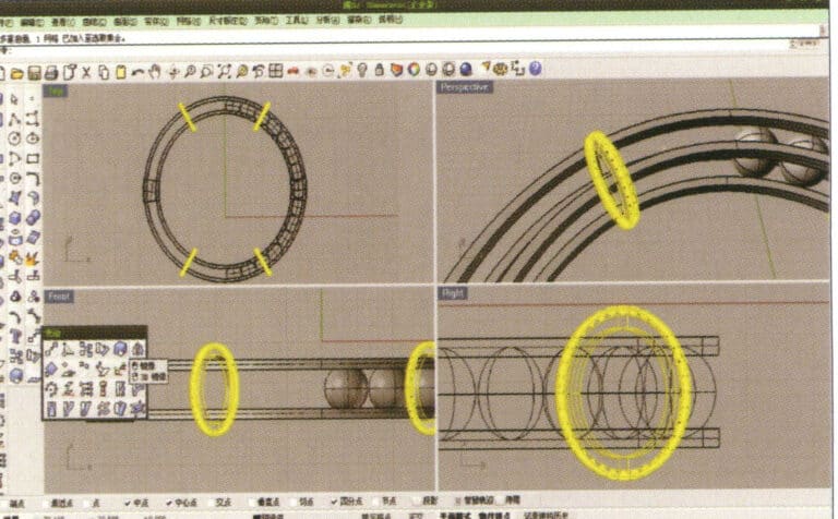 19. اضغط مع الاستمرار على "Shift"، وحدد جميع الماسات بعد المصفوفة، واستخدم "أداة المرآة" مع جعل النقطة المركزية هي المركز لعكس الماسات في الكيانات الثلاثة الأخرى على شكل حلقة