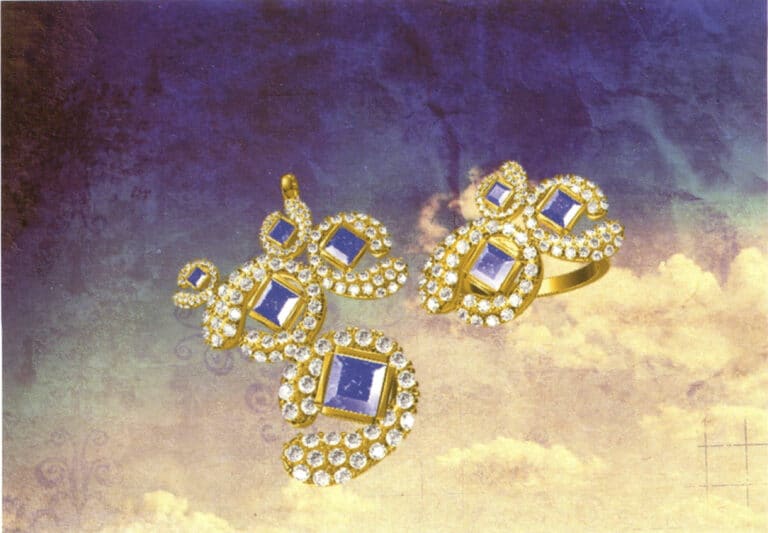 النمذجة: JewelCAD؛ مرحلة ما بعد المعالجة: فوتوشوب؛ أثناء عملية النمذجة، انتبه إلى الزوايا والفجوات بين الترتيب المتكرر للمكونات وحسّن نسيج المعدن والأحجار الكريمة في مرحلة ما بعد المعالجة