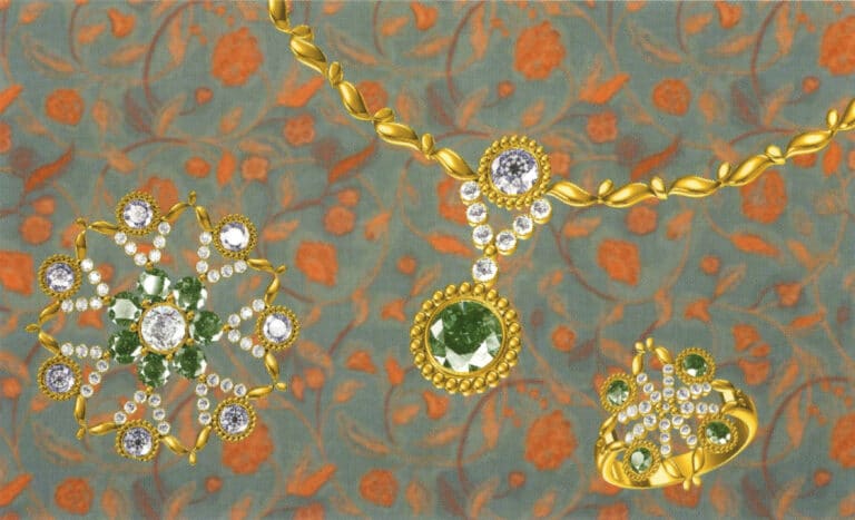 النمذجة: JewelCAD؛ المعالجة اللاحقة: فوتوشوب؛ أثناء عملية النمذجة، يجب الانتباه إلى التباين في انحناء الألماس المرصع بالعناقيد لضمان اتساقه مع انحناء الأحجار الكريمة، وكذلك الربط بين الأجزاء المعدنية بطرق الترصيع المختلفة