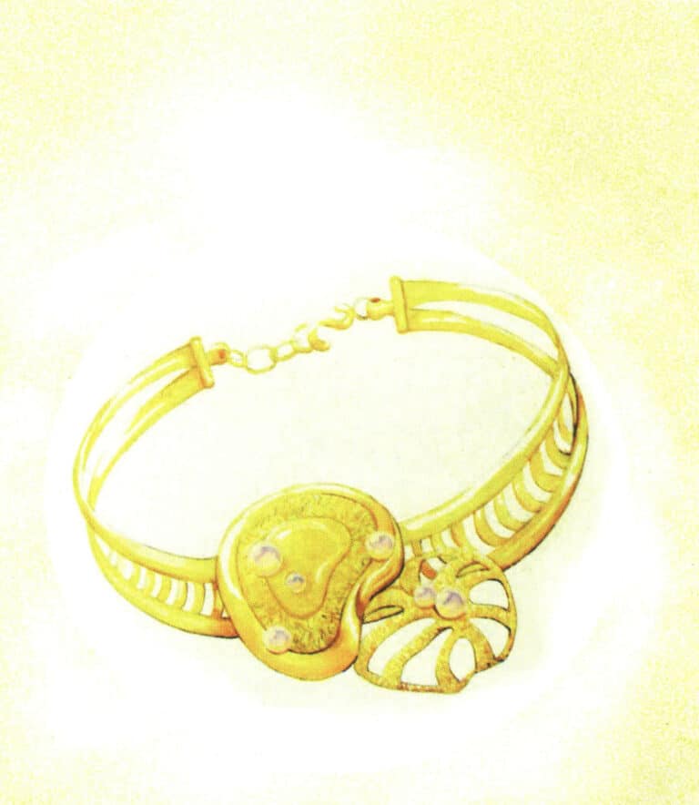 This artwork uses different techniques to express the distinct textures of gold and pearls, with the purple tones in the shadows of the pearls creating a perfect contrast of warm and cool colors with the gold.