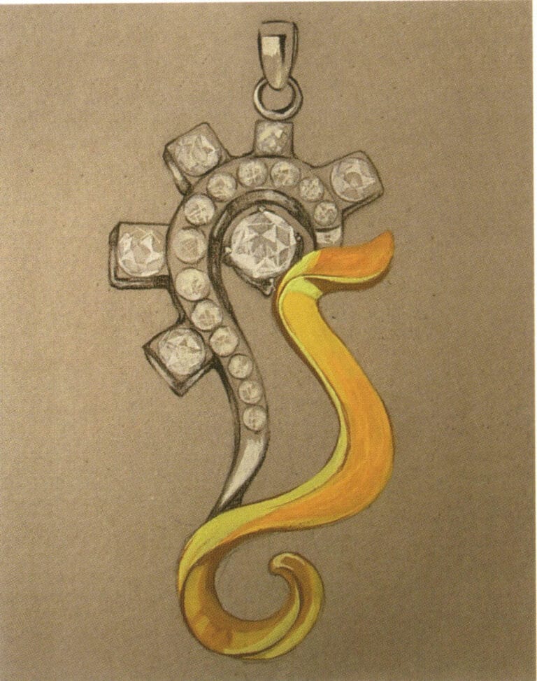 White metal, a combination of gold and colorless diamonds. The entire design features clever contrasts and smooth lines.