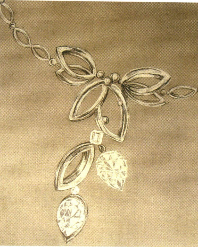 The combination of white metal and colorless diamonds, gouache.