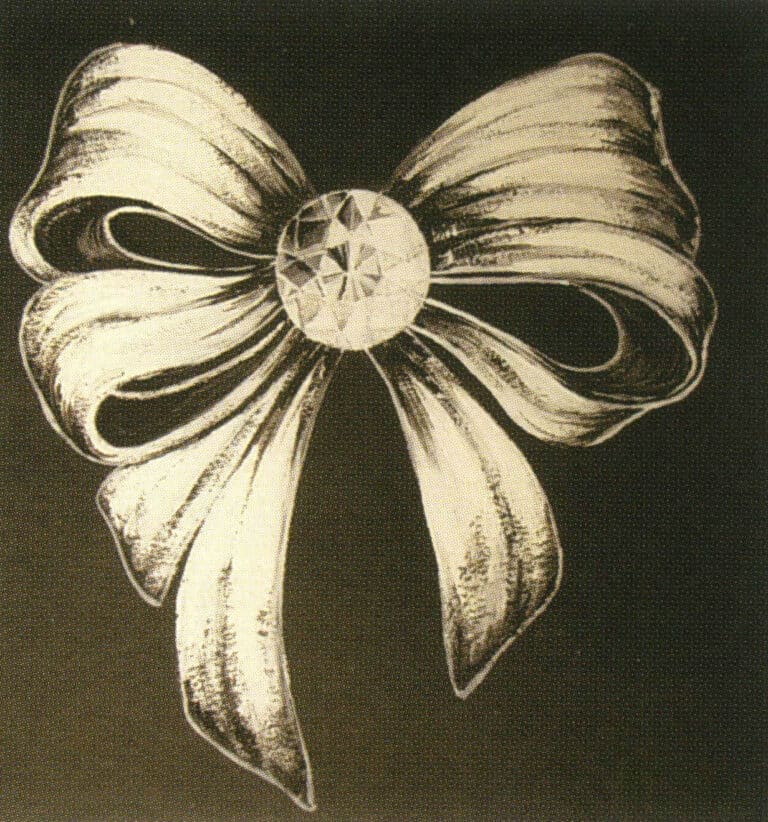 The combination of white metal and colorless diamonds, gouache.