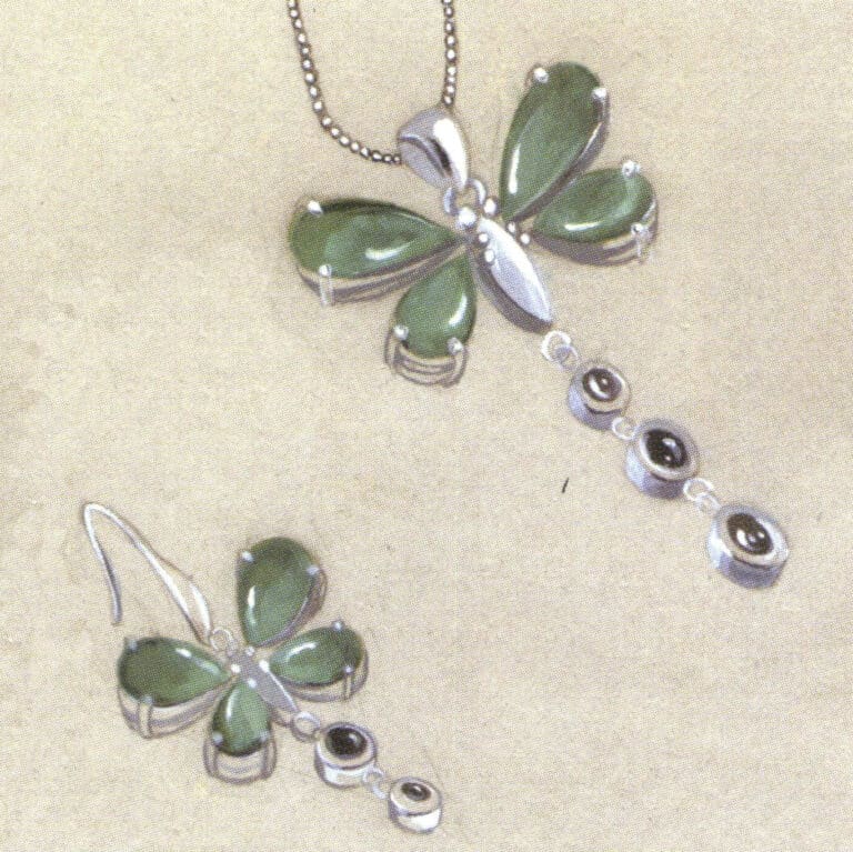 Plain gemstone pendants and earrings.
