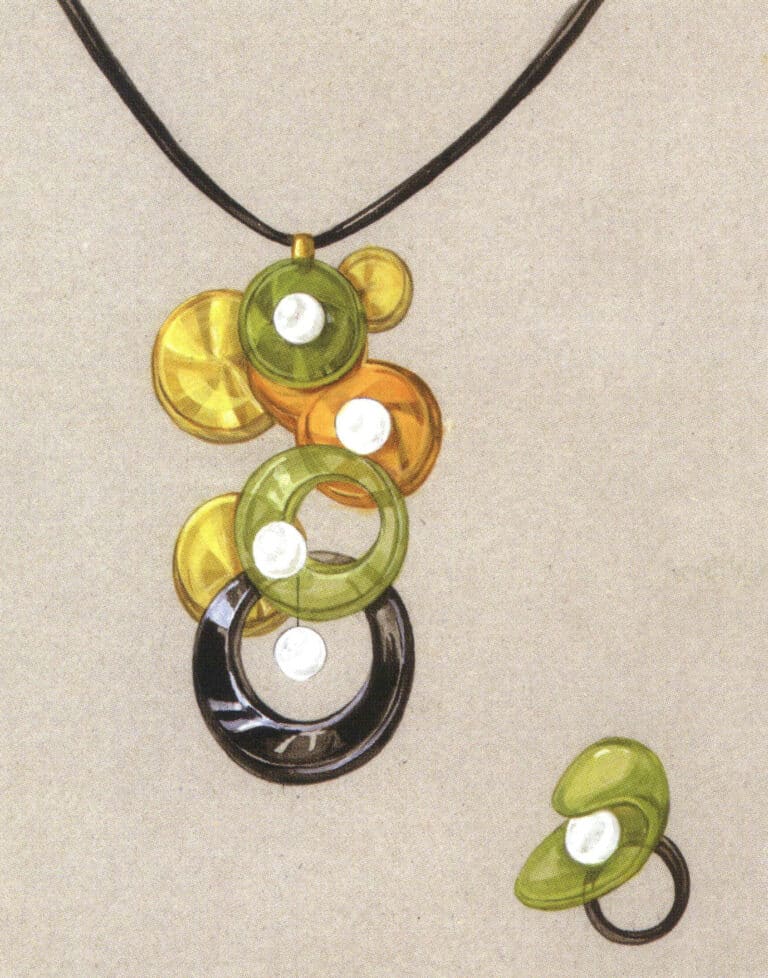 The combination of colored plastic and pearls. The color of the pearls is cool.