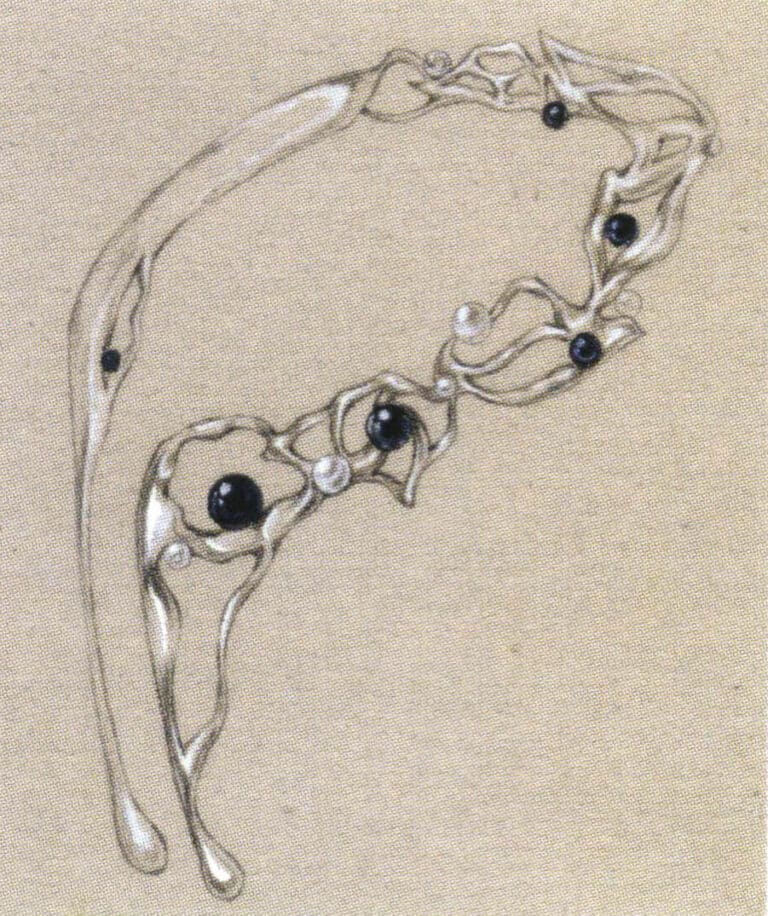 Η χρήση του σκίτσου σε συνδυασμό με την επισήμανση για την έκφραση της υφής της πλατίνας είναι μια σχετικά βολική μέθοδος αναπαράστασης. Παρόλα αυτά, η ποσότητα της επισήμανσης και το εύρος του λευκού χώρου στο χαρτί πρέπει να εξετάζονται προσεκτικά. Αυτό το έργο τέχνης συνδυάζει τις τεχνικές ζωγραφικής του σκίτσου και του γκουάς, οι οποίες είναι πολύ φυσικές, με τη λάμψη της πλατίνας και τη ζεστασιά των μαργαριταριών να εμφανίζονται πλήρως στο έργο τέχνης.