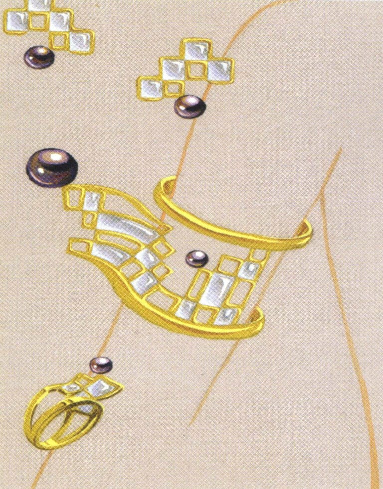 Η έξυπνη συνύφανση του σχήματος του βραχίονα&#039 καθιστά τη σύνθεση του βραχιολιού, των σκουλαρικιών και του δαχτυλιδιού φυσική και κομψή. Οι υφές του χρυσού, του παγωμένου νεφρίτη και των μαργαριταριών είναι εμφανείς, με φωτεινά χρώματα, με αποτέλεσμα ένα καλό οπτικό αποτέλεσμα.