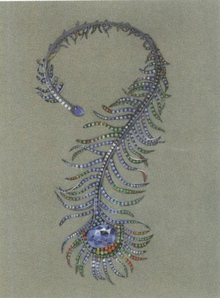 Ο μεγάλος αριθμός μικρών χρωματιστών πολύτιμων λίθων στα κοσμήματα αυξάνει τη δυσκολία της ζωγραφικής. Σε αυτό το έργο τέχνης, οι μικροσκοπικοί πολύτιμοι λίθοι αποδίδονται με μια απλοποιημένη τεχνική εκτός από την προσεκτική απεικόνιση του κεντρικού κύριου πολύτιμου λίθου.