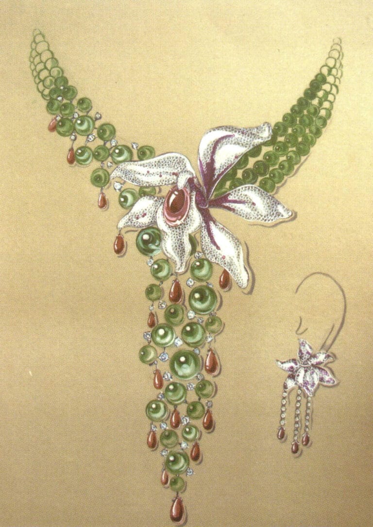 Τα στολίδια από χάντρες νεφρίτη που απεικονίζονται με τις μεθόδους ζωγραφικής εμπνευσμένες από τα μαργαριτάρια φαίνονται λαμπερά και υπέροχα. Η σχέση μεταξύ αυτού του έργου τέχνης'των κύριων και δευτερευόντων στοιχείων εκφράζεται κατάλληλα, με ορισμένες χάντρες να χρησιμοποιούν μια τεχνική θολής, με αποτέλεσμα ένα πιο συνεκτικό οπτικό αποτέλεσμα.