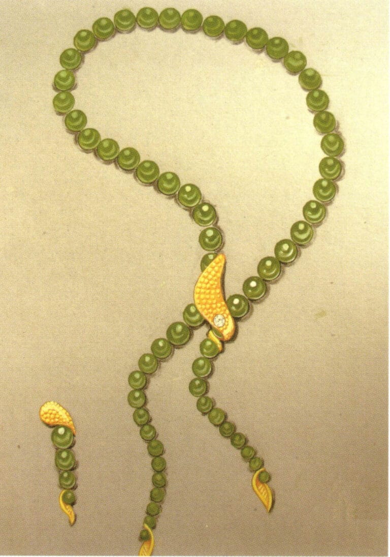 Η υφή του νεφρίτη αναπαρίσταται τέλεια, καθώς φαίνεται λεία και απαλή στο φόντο του χρυσού φωτός. Η φαινομενικά περιστασιακή τεχνική διάταξης καθιστά τη σύνθεση ζωντανή και φυσική.