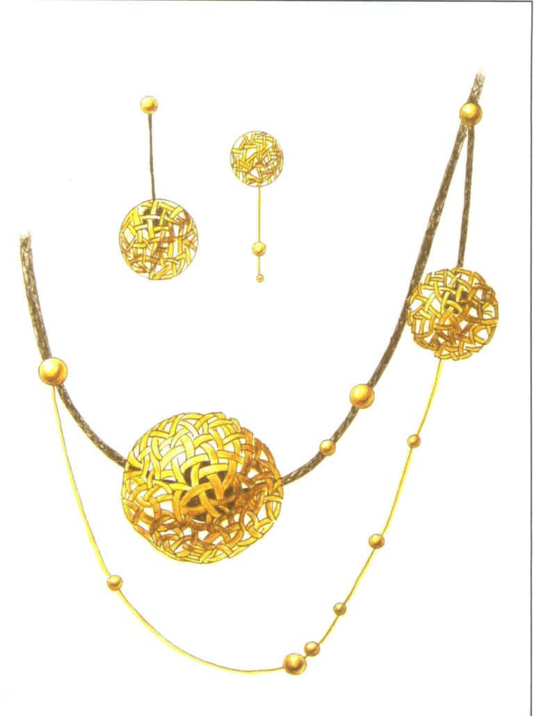 Αυτό είναι ένα έργο τέχνης σχεδιασμού που ολοκληρώθηκε με χρωματιστά μολύβια. Παρόλο που η χρυσή απόχρωση στην εικόνα δεν είναι τόσο φωτεινή όσο αυτή που επιτυγχάνεται με την ανάμειξη χρωμάτων, εξακολουθεί να εκφράζει αποτελεσματικά την υφή του αντικειμένου'. Τα σχέδια με χρωματιστό μολύβι είναι ένας αποτελεσματικός και γρήγορος τρόπος για τους σχεδιαστές να εκφράσουν τις ιδέες τους και οι φοιτητές που μαθαίνουν σχεδιασμό κοσμημάτων θα πρέπει να τους δώσουν προσοχή.