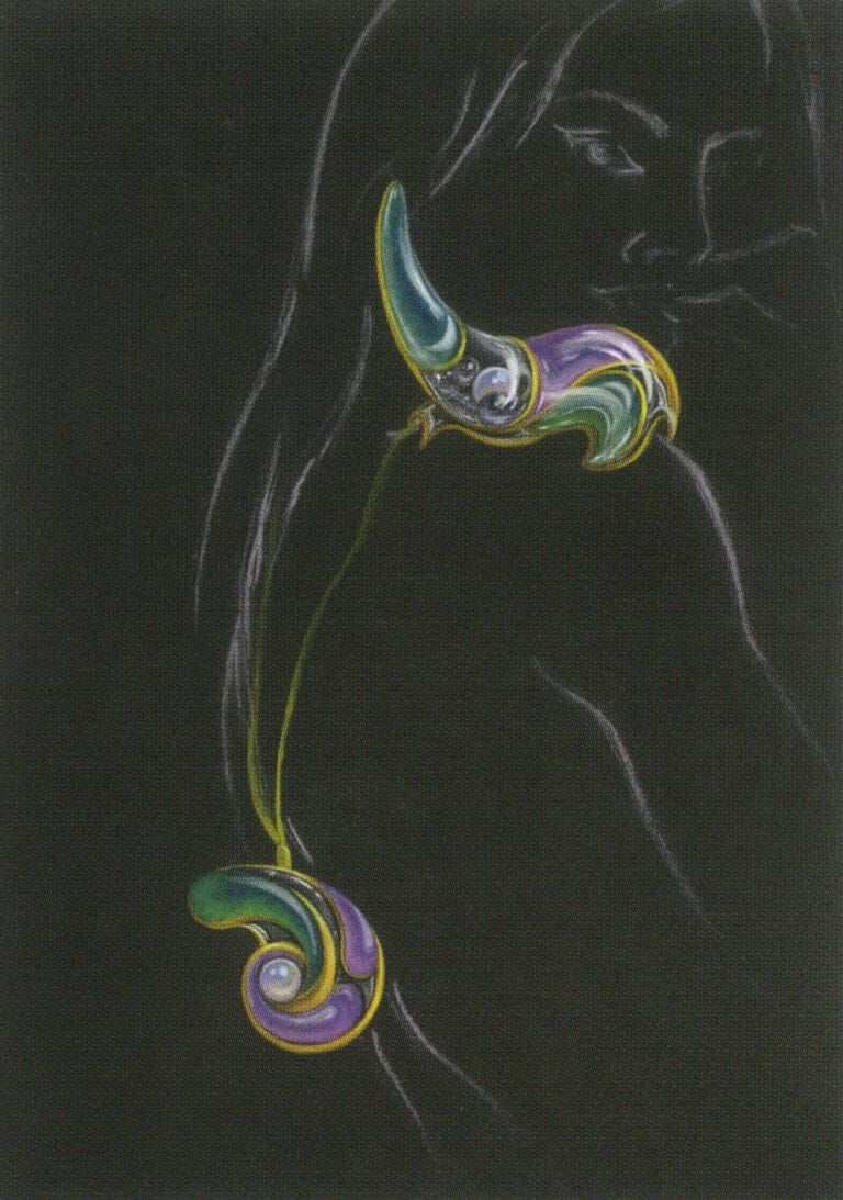 Τα μαύρα χαρτόνια και οι θολές ανθρώπινες μορφές κάνουν τα χρώματα των πολύτιμων λίθων να φαίνονται φωτεινά.