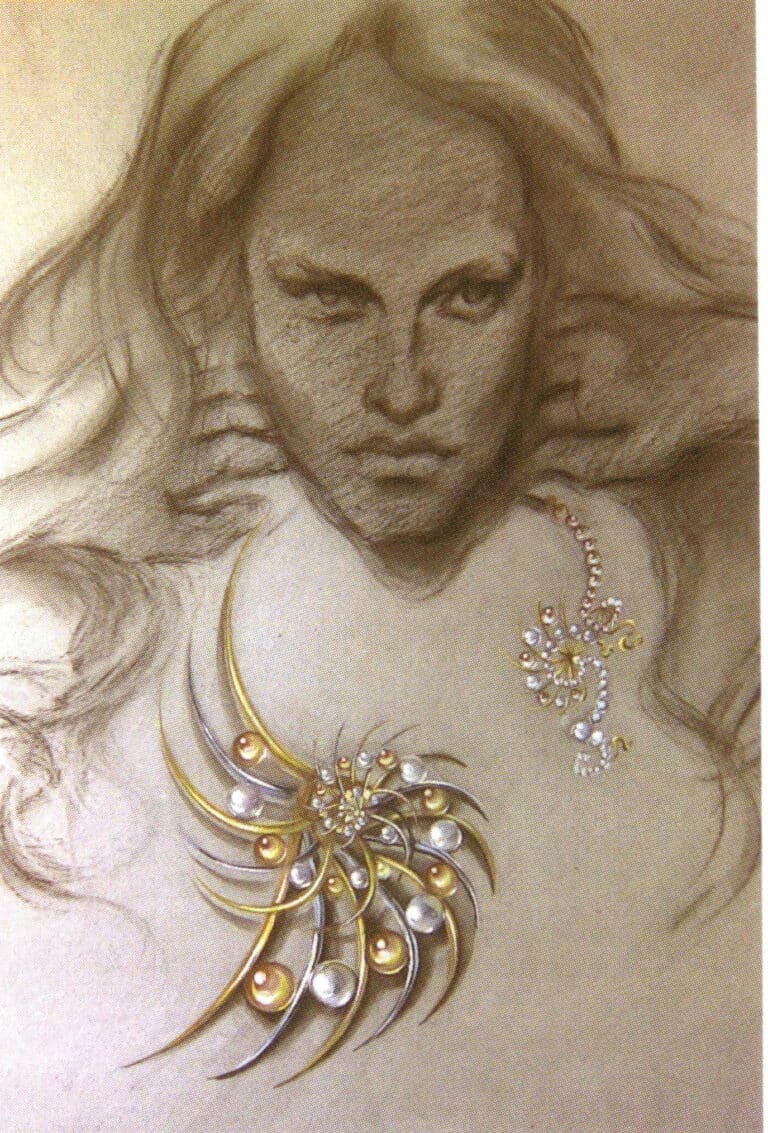 Αυτό το σχέδιο συνδυάζει χρυσό, πλατίνα και μαργαριτάρια με μια λεπτή και μέτρια απεικόνιση του κάθε υλικού. Η σύνδεση μεταξύ των φιγούρων του φόντου και των κοσμημάτων δεν είναι ισχυρή- αν μπορεί να αποδυναμωθεί περαιτέρω, το συνολικό αποτέλεσμα θα είναι πιο εντυπωσιακό.