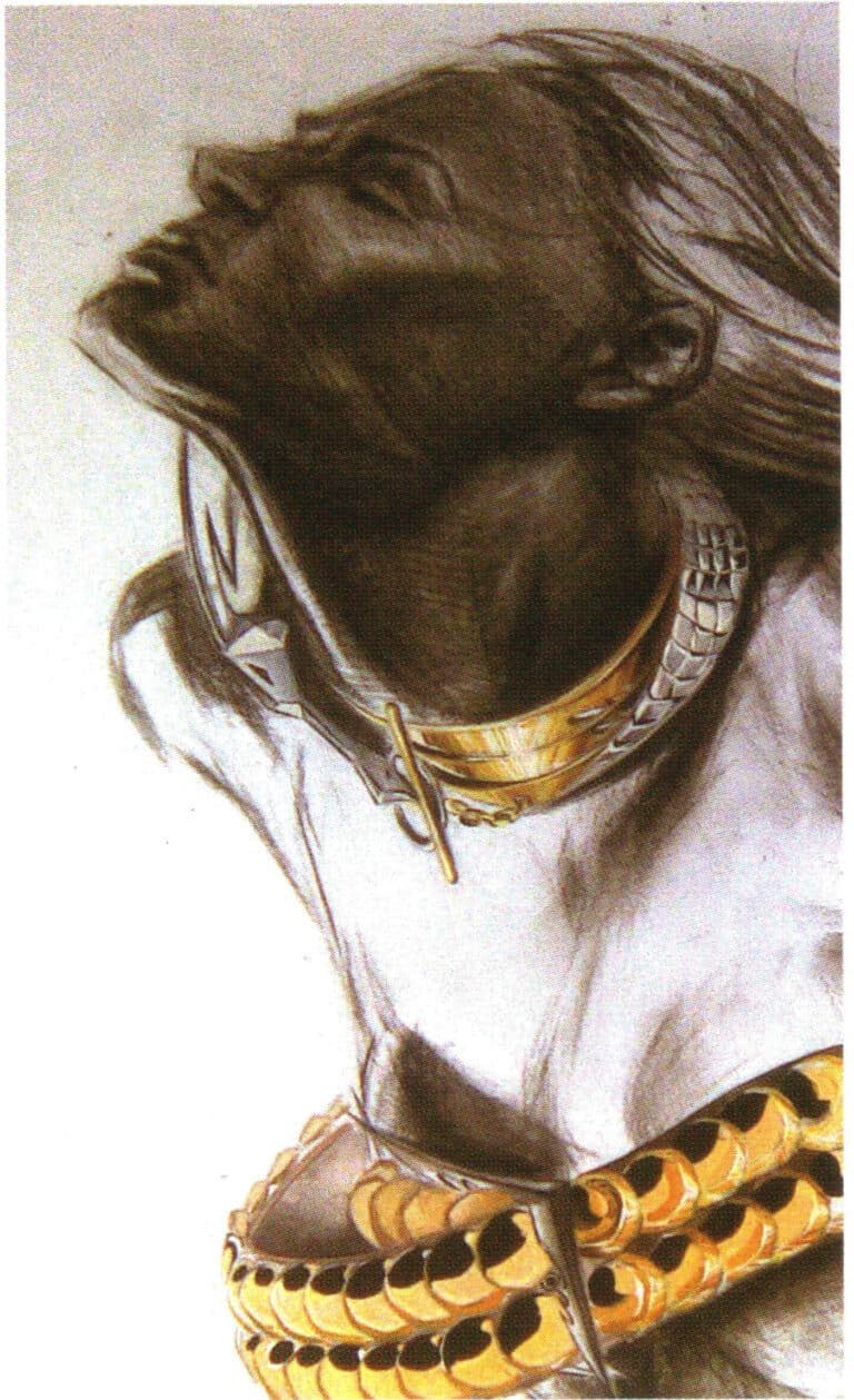 Το μέταλλο εμφανίζεται εξαιρετικά φωτεινό στο φόντο των μορφών, με την απλή απεικόνιση των χαρακτήρων να έρχεται σε αντίθεση με το περίπλοκο σχέδιο των κοσμημάτων, κάνοντας το κύριο θέμα του πίνακα πιο ουσιαστικό.