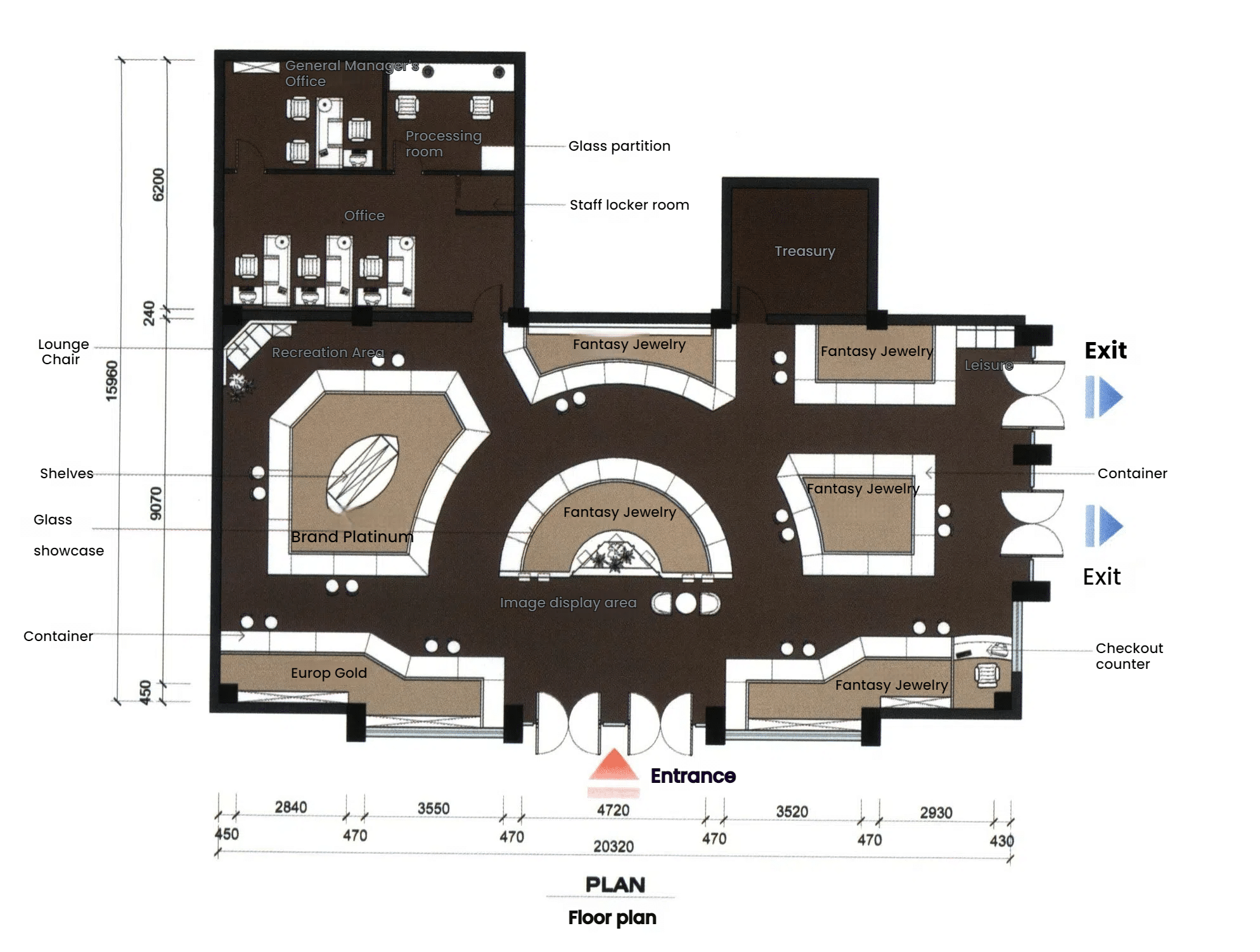 Figure 2-20 Color Floor Plan of Jewelry Specialty Store (Unit: mm)