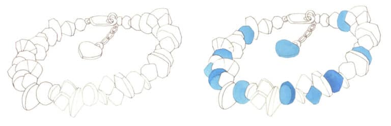 Step 03 Lighten the draft with a soft eraser. Precisely define the bracelet’s contours with confident, steady pencil lines, emphasizing its structural features. Step 04 Apply cerulean blue as the base layer to the blue crystals, spacing color distribution intentionally.