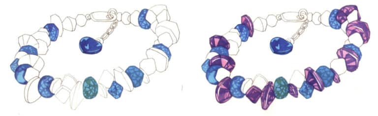 Step 05 Once slightly dry, mix ultramarine and lemon yellow to define shadows and details on blue crystals, creating facet effects. Step 06 Dilute magenta with water for the purple crystals’ base layer. After drying, blend violet and rose madder to paint shadows and suggest light-dark relationships.