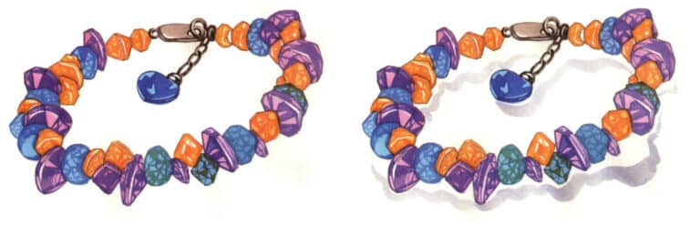 Step 09 Paint the metal chain and connectors with ivory black. Keep colors subtle to preserve material’s local color and texture. Step 10 Lightly paint the bracelet’s cast shadow with Payne’s grey, adjusting its shape and light-dark variation based on perspective.