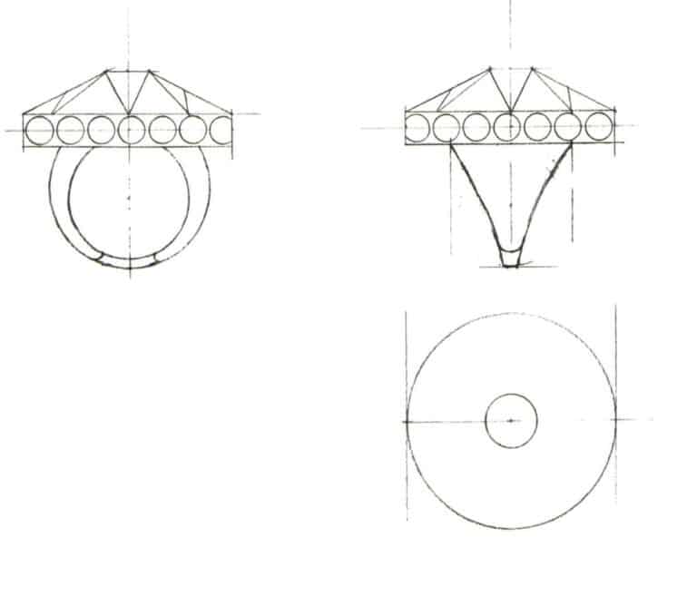 Step 05 Based on the horizontal coordinate dimensions of the ring's side view, casually draw the outer contour of the ring's top view with relaxed lines.