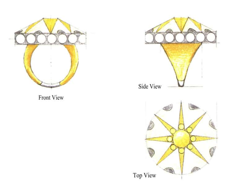 Step 07 Use colored pencils No. 407, No. 409 and No. 495 to color the three-view drawing of the ring and complete the drawing.