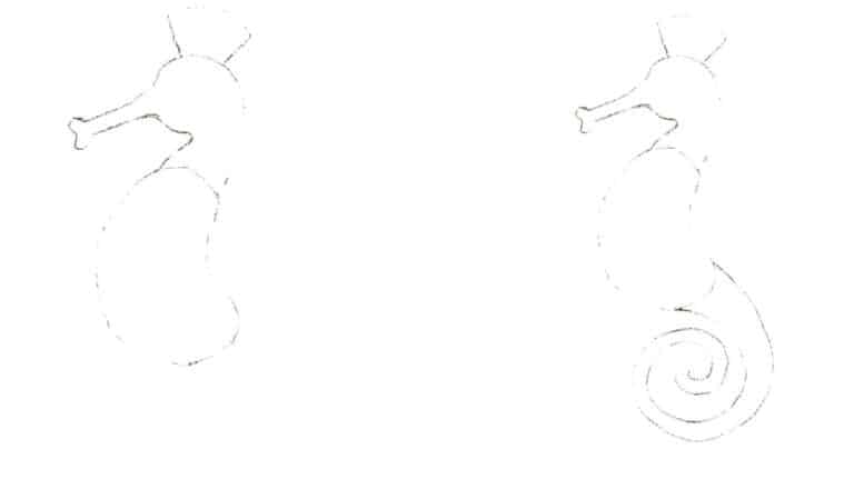 Step 01 Use a pencil to sketch the general outline of the head and body of the seahorse brooch. Step 02 Use curves to outline the curled tail of the seahorse brooch.