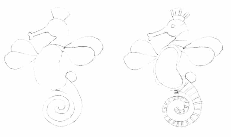 Step 03 According to the overall size ratio, use relaxed and casual lines to outline the approximate shape of the wings of the seahorse brooch. Step 04 Based on the previous step, add details and refine the internal structure of the seahorse brooch while erasing any excess lines.