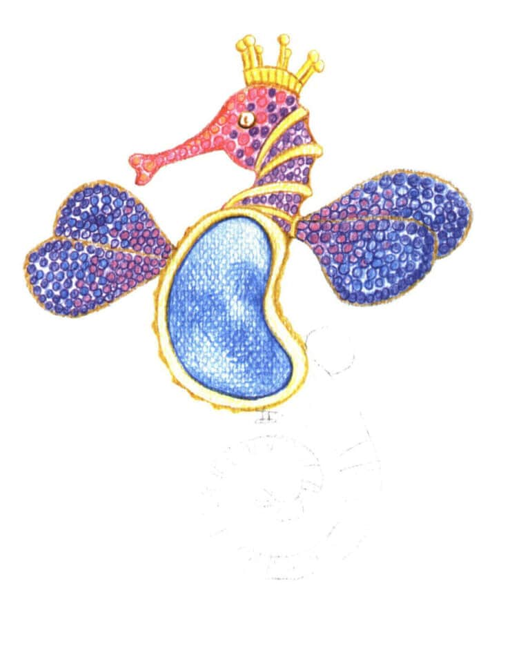 Step 07 Use colored pencil 487 to outline the head of the seahorse brooch, and use colored pencils 404, 437, 426, 429, and 430 to depict purple and pink colored diamonds, among others.