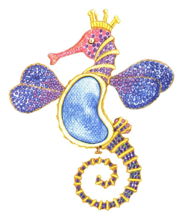 Step 08 Use colored pencils 487, 404 to outline the tail of the seahorse brooch and refine the internal structure, and use colored pencils 443, 463, and 437 to depict the colored diamond part.