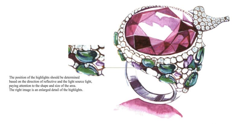 Step 09 Paint the ring’s cast shadow with pink (magenta + lemon yellow), emphasizing layered tonal shifts. Highlight reflective areas and reserved whites with white pigment. Adjust and finalize the artwork to complete.