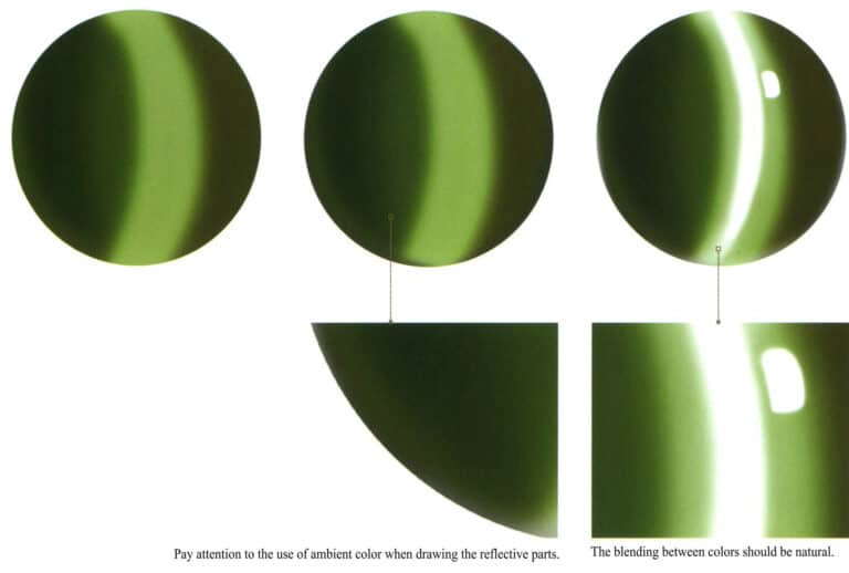 Step 04 Apply light green vertically to the stone’s central highlight area, ensuring natural transitions. Step 05 Add environmental colors with aquamarine on the left and right edges, keeping coverage minimal. Step 06 Reduce brush opacity to 60%. Highlight with white to enhance three-dimensionality. Adjust and finalize the artwork to complete.