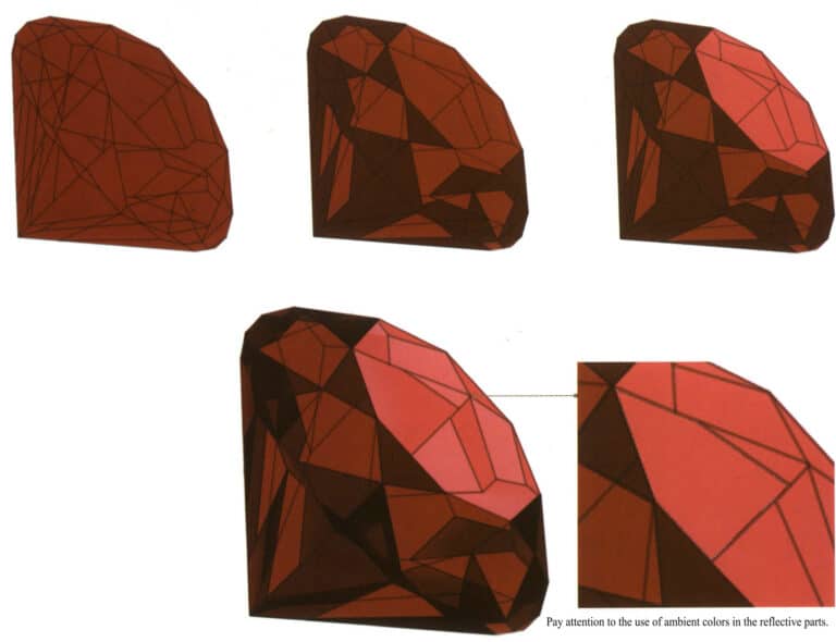 Step 04 Create a "Color" layer and set its blending mode to "Multiply". Paint the ruby’s base color with crimson, staying within the outlines. Step 05 Determine the light source direction. Use maroon to paint shadows, reserving reflection areas. Step 06 Apply light red to the ruby’s highlighted surfaces. Step 07 Deepen shadows with dark red to add color depth. Use the "Soft Round" brush tool to blend highlights and reflections naturally. Finalize details to complete the artwork.