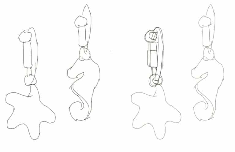 Step 01 Create a "Draft Reference" layer. Select the "Pencil" brush tool and set the brush size to 6 pixels. Roughly sketch the bracelet composition with black. Step 02 Lower the "Draft Reference" layer’s opacity. Create a "Line Art" layer. Use the "Hard Round Pressure Opacity" brush tool to outline the left earring’s hook connector.