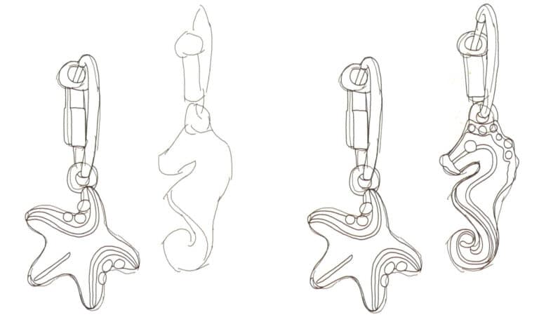 Step 03 Draw the left earring pendant’s curves with loose lines and refine its internal structure. Step 04 Continue outlining the contour of the right seahorse-shaped earring.