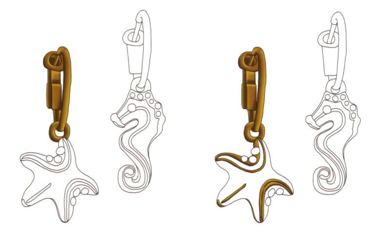 Step 07 Paint shadows with dark brown. Use the "Soft Round Opacity" brush tool to add metallic highlights. Step 08 Repeat the method to color metal parts on the left earring’s pendant.