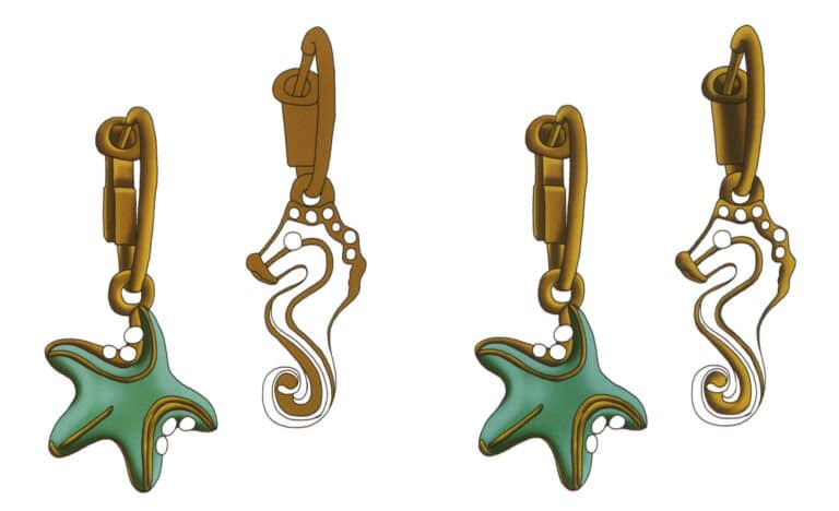 Step 11 Create a "Right Earring Metal" layer. Apply yellow ochre as the base color for the right earring’s metal parts. Step 12 Use the same colors and methods as the left earring to paint shadows and highlights and model volume.