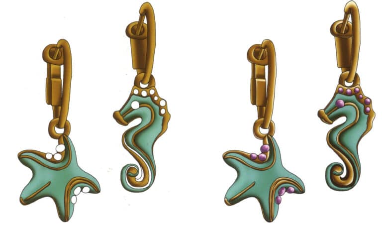 Шаг 13 Создайте слой "Right Earring Pendant Color". Продолжайте раскрашивать правую подвеску в форме морского конька. Шаг 14 Создайте слой "Цвет жемчуга". В качестве основного цвета жемчуга нанесите пурпурный. Определите тени/светлые участки. В завершение настройте общий контраст светлого и темного и цветовой баланс.