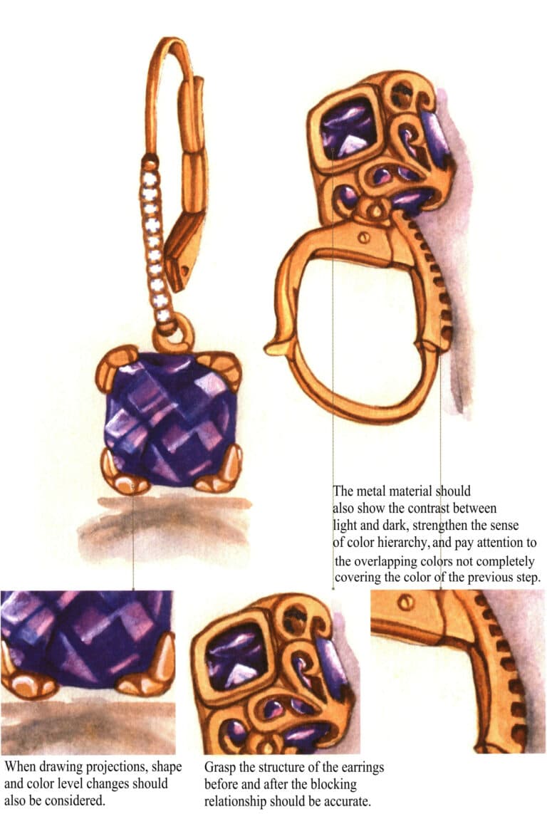 (1) Наложение цветов драгоценных камней должно быть насыщенным, но не резким. (2) Металлическая текстура выражается через цветовые градиенты, отражения и блики. (3) При составлении композиции необходимо учитывать особенности отображения дизайна сережек, для чего можно выбрать различные ракурсы.