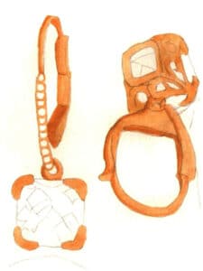 Шаг 05 Осветлите карандашный набросок мягким ластиком, чтобы предотвратить размазывание при раскрашивании. Смешайте желтую охру и телесный тон, чтобы нанести базовый слой на металлические детали, намечая основные светло-темные отношения.