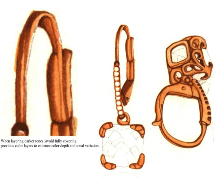 Шаг 06 Смешайте жженую умбру и жженую сиену. Маленькой акварельной кистью нарисуйте металлические тени, усиливая контрастность и трехмерность.